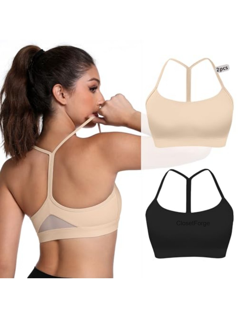 2 Pack Racerback Padded Yoga Sports Bra With Mesh Panel For Running Gym